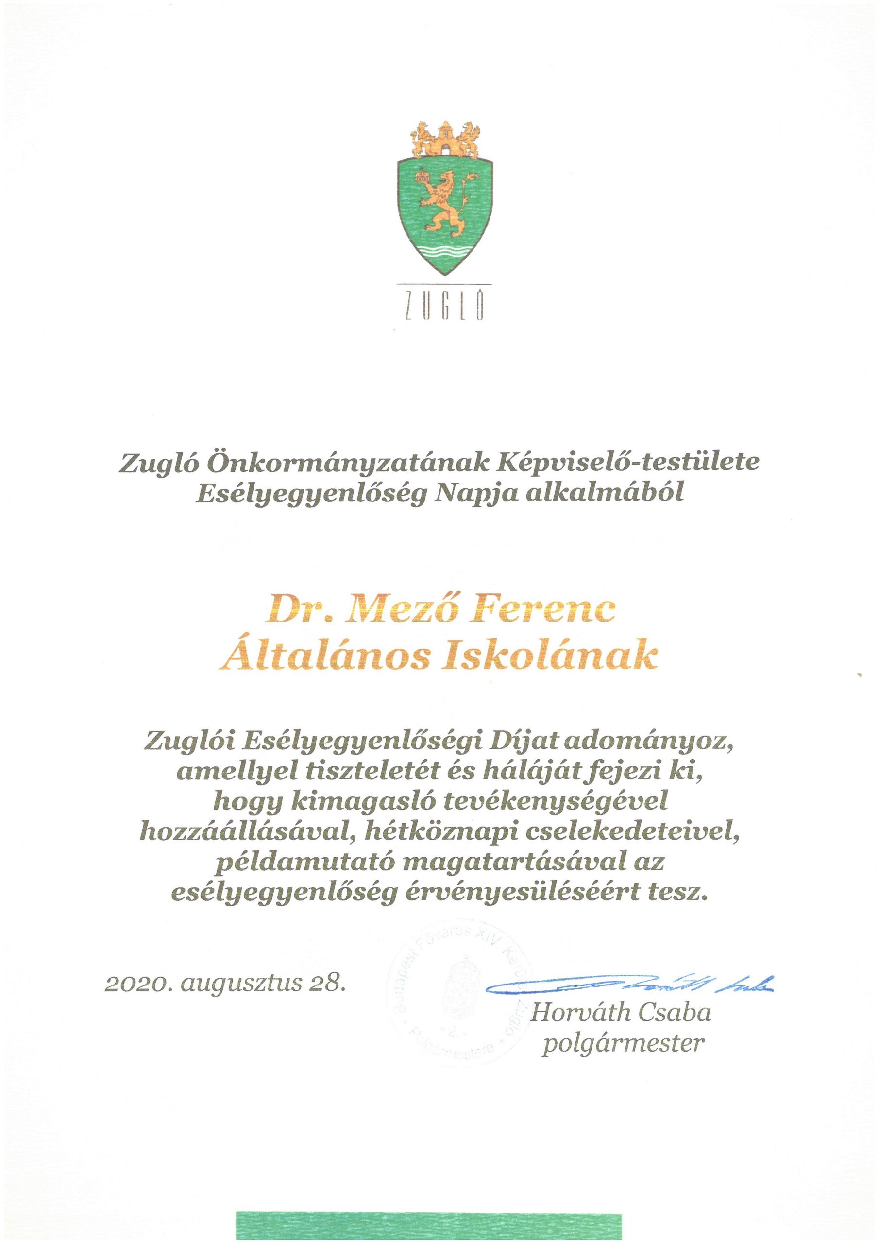 Eselyegyenlosegi dij 2020